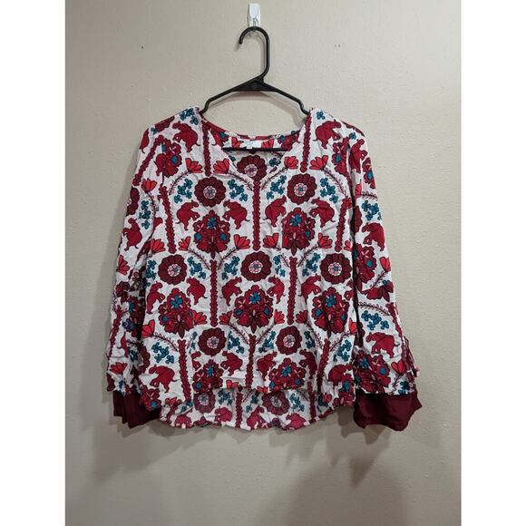 Bell sleeve Moroccan style floral & elephant printed blouse by Crown & Ivy, PM - Picture 1 of 7